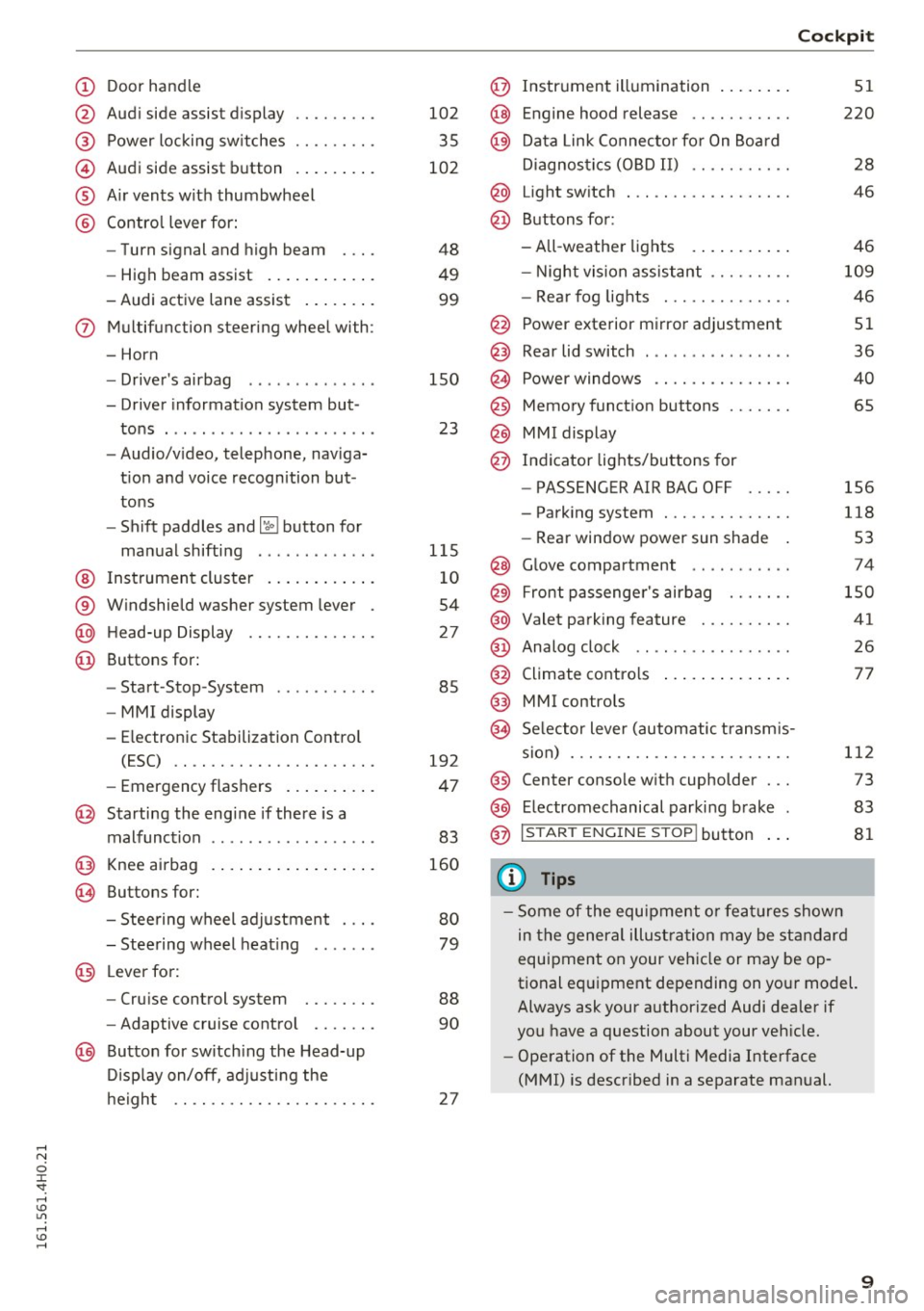 AUDI A8 2016 Owners Manual (!) Door handle
@
®
©
®
®
Audi side assist display
Power locking sw itches
Audi side assist button ........ .
A ir vents with thumbwheel
Contro l lever for:
- Turn signal and h AUDI A8 2016 Owners Manual (!) Door handle
@
®
©
®
®
Audi side assist display
Power locking sw itches
Audi side assist button ........ .
A ir vents with thumbwheel
Contro l lever for:
- Turn signal and h