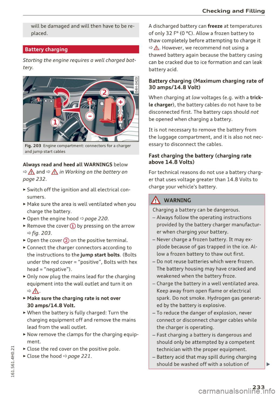AUDI S8 2016 Owners Guide will be damaged and will then have to be reÂ
placed.
Battery charging
Starting the engine requires a well charged batÂ
tery.
Fig. 203 Engine co mpa rtment: connectors fo r a c harge AUDI S8 2016 Owners Guide will be damaged and will then have to be reÂ
placed.
Battery charging
Starting the engine requires a well charged batÂ
tery.
Fig. 203 Engine co mpa rtment: connectors fo r a c harge