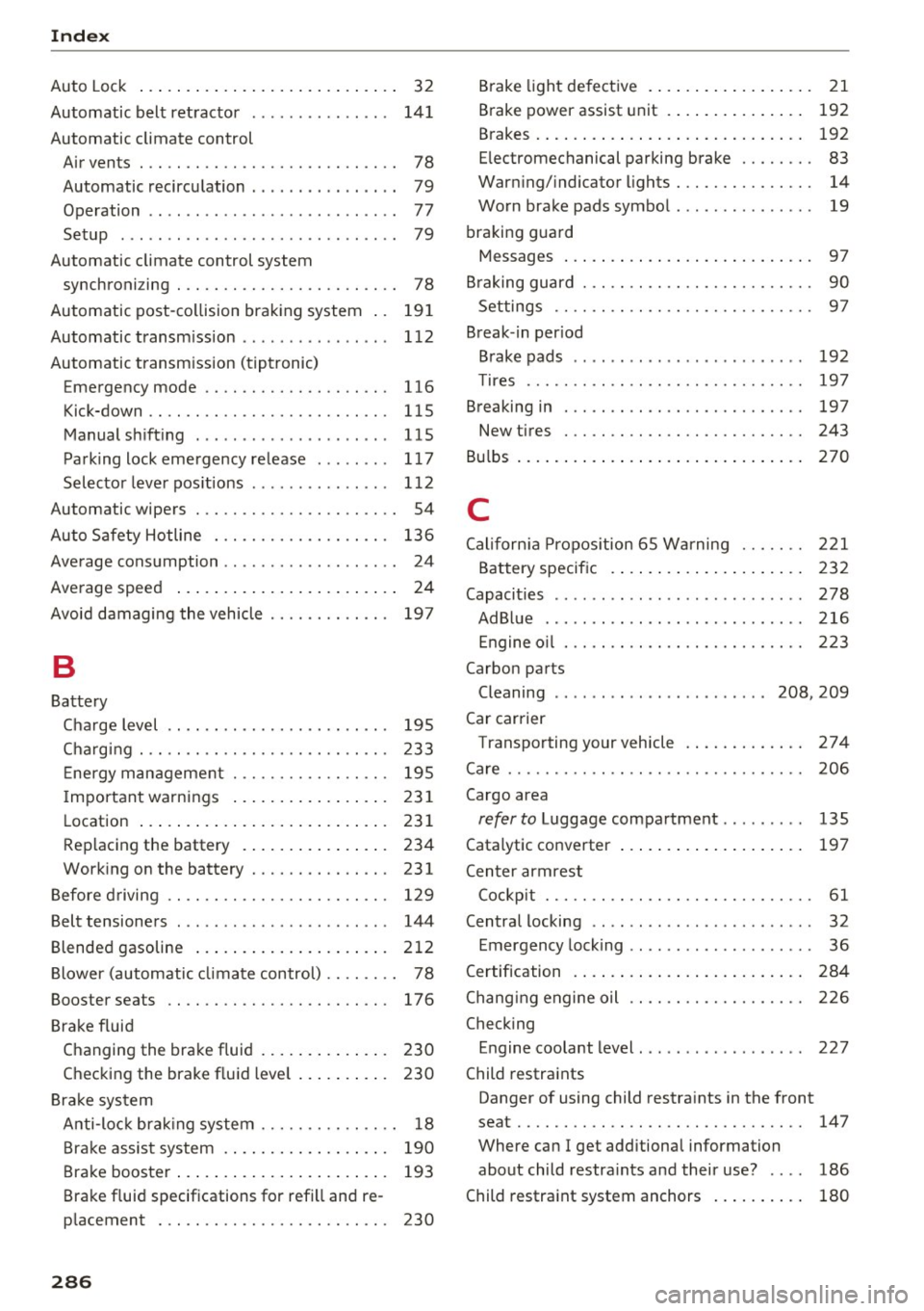 AUDI A8 2016  Owners Manual Index 
Auto Lock  . .  . . .  . . .  . .  . .  . . . . .  . . .  . .  . .  . . . .  32 
Automatic  belt  retractor  . . . . . . . . . . . . . .  .  141 
Automatic  climate  control  Air  vents  .  . .