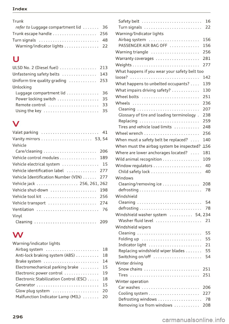 AUDI A8 2016 Service Manual Index
Trunk
refer to Luggage compartment lid . . . . . . . 36
Trunk escape hand le . . . . . . . . . . . . . . . . . . . 256
Turn signals . . . . . . . . . . . . . . . . . . . . . . . AUDI A8 2016 Service Manual Index
Trunk
refer to Luggage compartment lid . . . . . . . 36
Trunk escape hand le . . . . . . . . . . . . . . . . . . . 256
Turn signals . . . . . . . . . . . . . . . . . . . . . . .