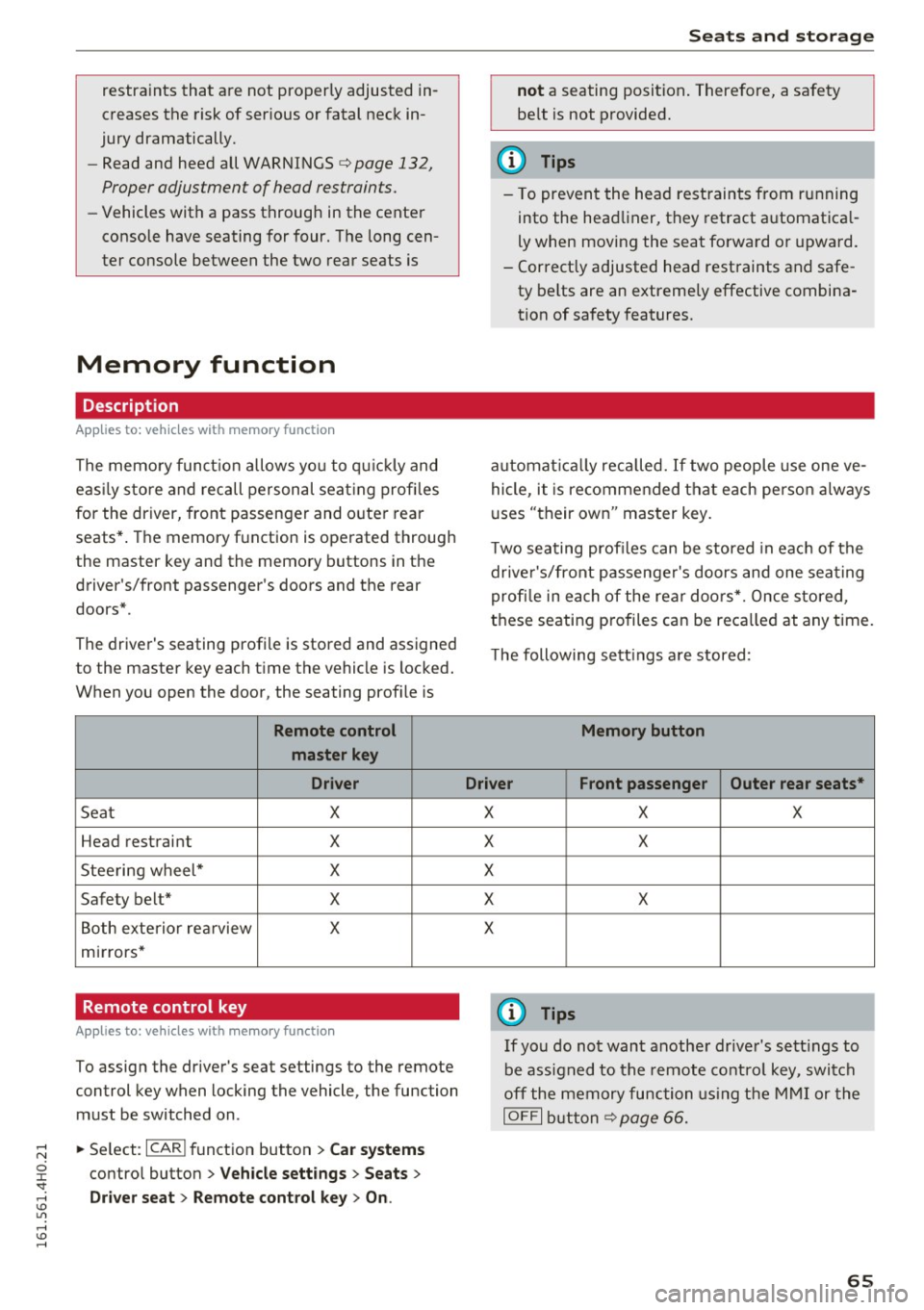 AUDI S8 2016  Owners Manual restraints that are  not  properly  adjusted  in­
creases  the  risk of  ser ious  or  fatal  neck  in­
jury  dramatically. 
- Read  and  heed  all  WARNINGS 
¢page  132, 
Proper adjustment  of hea