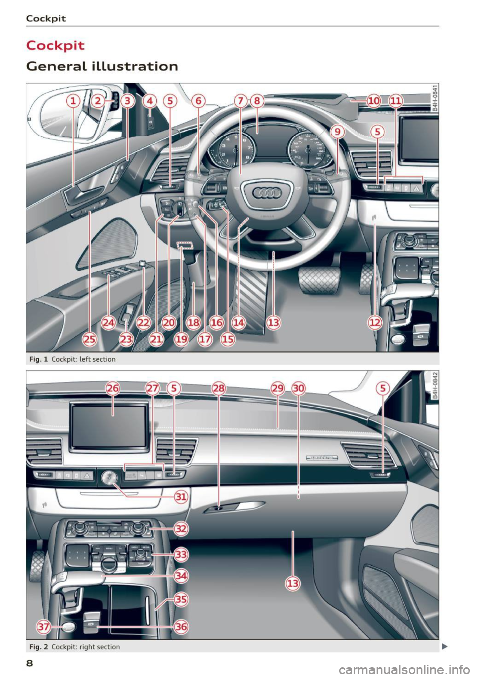 AUDI A8 2016 Owners Manual Cockpit
Cockpit
General illustration
Fig. 1 Cockpit : left sectio n
Fig. 2 Cockpit : rig ht sec tion
8 AUDI A8 2016 Owners Manual Cockpit
Cockpit
General illustration
Fig. 1 Cockpit : left sectio n
Fig. 2 Cockpit : rig ht sec tion
8