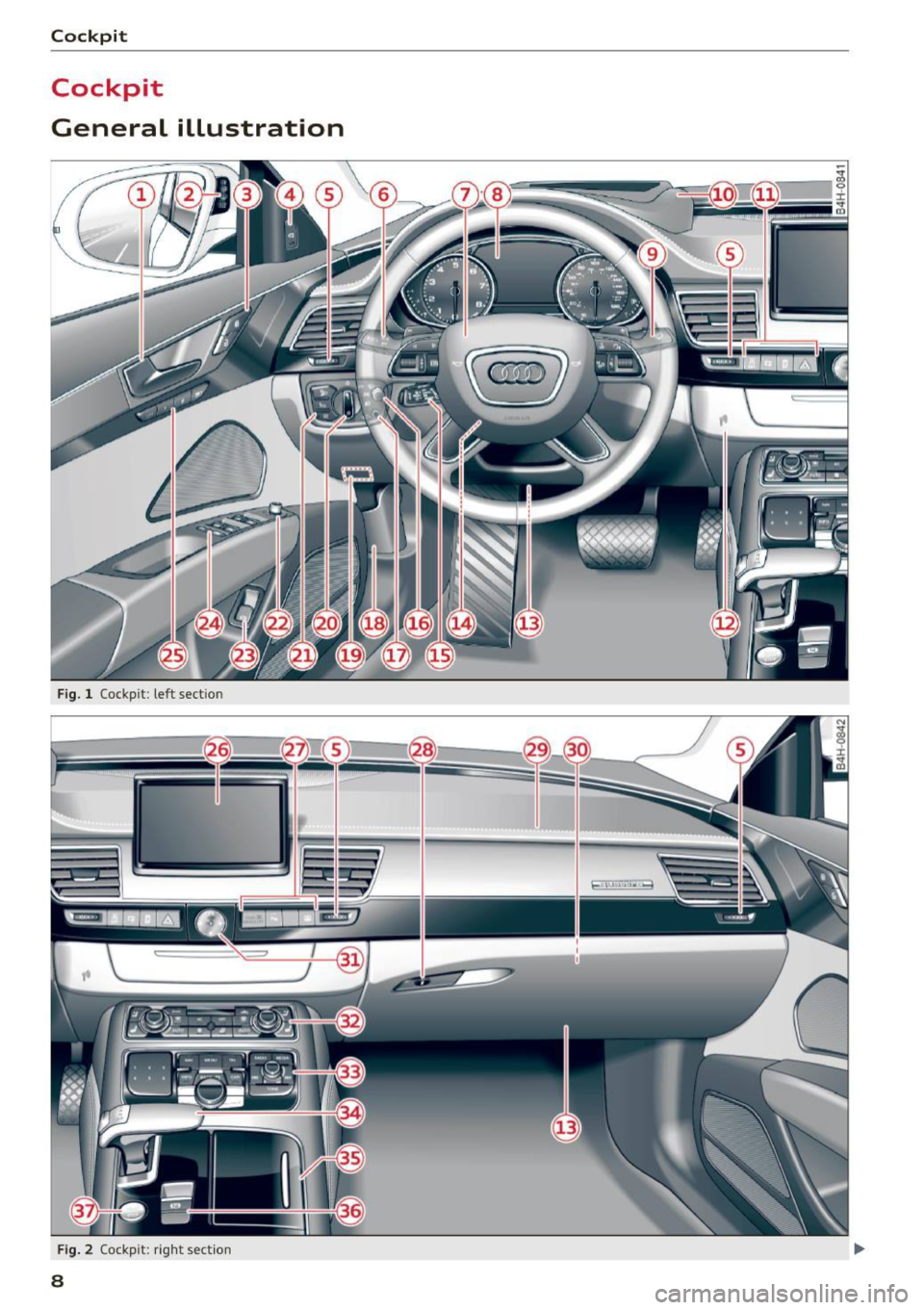 AUDI A8 2016  Owners Manual Cockpit 
Cockpit 
General  illustration 
Fig.  1 Cockpit : left  sectio n 
Fig. 2 Cockpit : rig ht sec tion 
8  