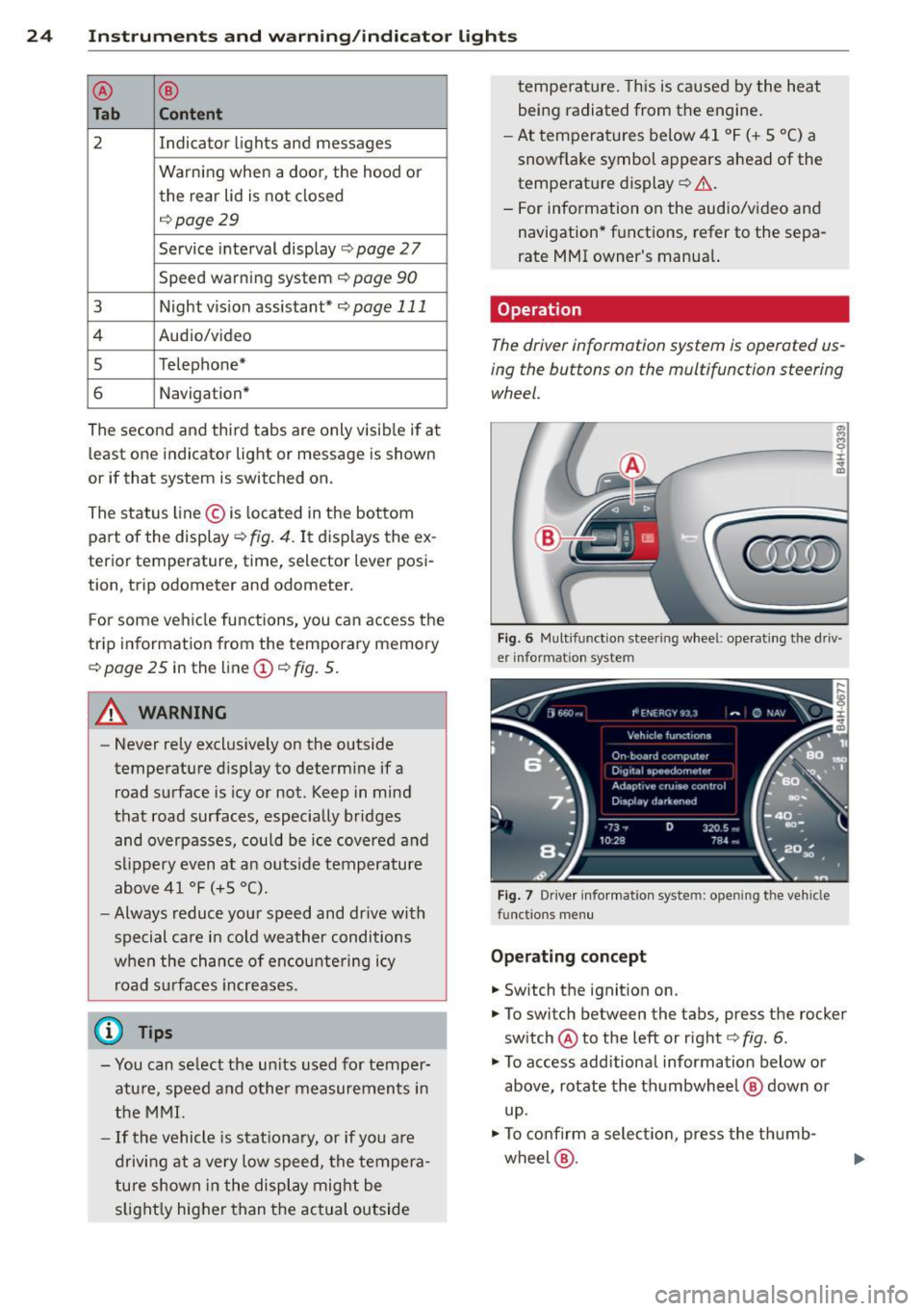AUDI A8 2015  Owners Manual 24  Instruments  and  warning/indicator  lights 
® ® 
Tab  Content 
2 Indicator lights and  messages 
Warning  when  a  door,  the  hood  or  the  rear  lid is  not  closed 
c:::>page29 
Service  in