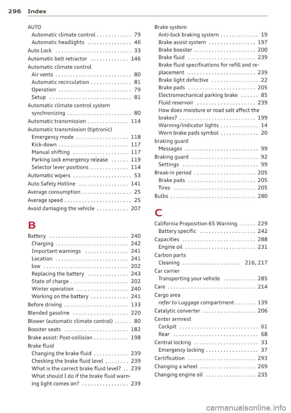 AUDI A8 2015  Owners Manual 296  Index 
AUTO Automatic  cl imat e control  . ... ... ... ..  79 
Automatic  headlights  ....... .. .... . .  46 
Auto  Lock  33 
Automatic  belt  retractor . .  . .  . .  . .  . .  . .  .  146 
Au