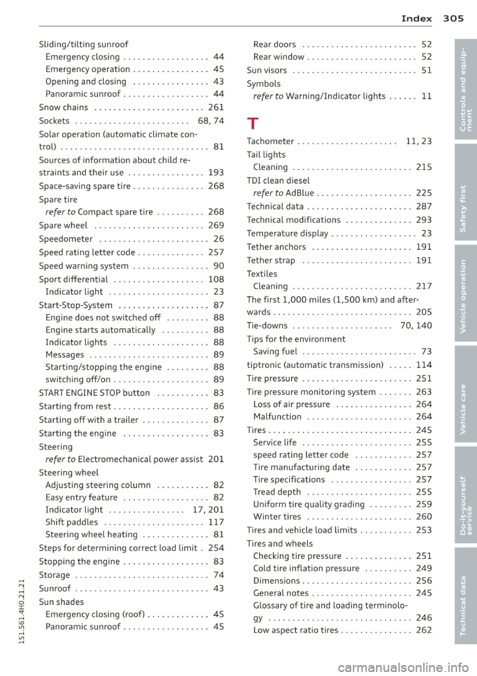 AUDI A8 2015 User Guide ,....,
N ,....,
N
0 J:
SI: ,...., \!) ..,.,
,...., ..,., ,....,
-----------------------------~I~n~d~e~x 305
Sliding/tilting sunroof
Emergency closing ................ ..
44
Emergency ope AUDI A8 2015 User Guide ,....,
N ,....,
N
0 J:
SI: ,...., \!) ..,.,
,...., ..,., ,....,
-----------------------------~I~n~d~e~x 305
Sliding/tilting sunroof
Emergency closing ................ ..
44
Emergency ope