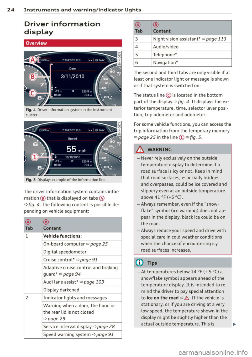 AUDI S8 2014  Owners Manual 24  Instruments  and  warning/indicator  lights 
Driver  information 
display 
Overview 
Fig. 4 Driver  informat ion  system  in  the  instrument 
cluster 
Fig.  S D isplay:  example  of th e  informa