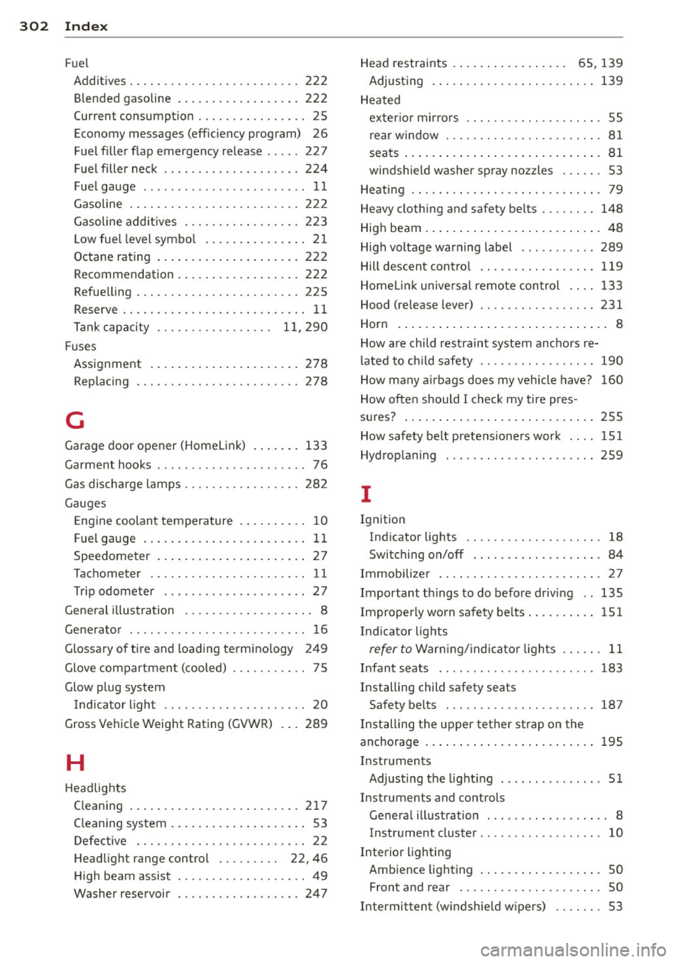 AUDI S8 2014 Owners Manual 302 Index
Fuel
A ddit ives ... ... . ...... ... .. .. .... . 222
Blended gasoline . ..... ... .. .. .... . 222
Current consumpt ion . . . . . . . . . . . . . . . . 25
Economy messages AUDI S8 2014 Owners Manual 302 Index
Fuel
A ddit ives ... ... . ...... ... .. .. .... . 222
Blended gasoline . ..... ... .. .. .... . 222
Current consumpt ion . . . . . . . . . . . . . . . . 25
Economy messages