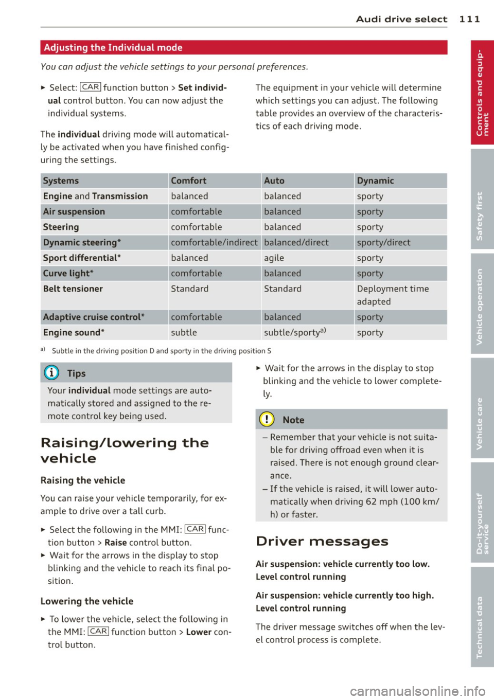 AUDI A8 2013 Owners Manual Audi drive select 111
Adjusting the Individual mode
You can adjust the vehicle settings to your personal preferences.
"Se lect: ICARlf unction button> Set individ·
ual
control butto AUDI A8 2013 Owners Manual Audi drive select 111
Adjusting the Individual mode
You can adjust the vehicle settings to your personal preferences.
"Se lect: ICARlf unction button> Set individ·
ual
control butto