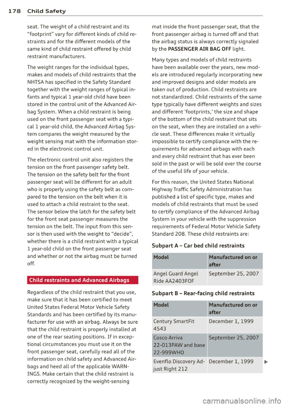 AUDI S8 2013 Owners Guide 178 Child Saf ety
seat. The weight of a child restraint and its
"footprint" vary for different kinds of chi ld reĀ
straints and for the d ifferent models of the
same kind o AUDI S8 2013 Owners Guide 178 Child Saf ety
seat. The weight of a child restraint and its
"footprint" vary for different kinds of chi ld reĀ
straints and for the d ifferent models of the
same kind o