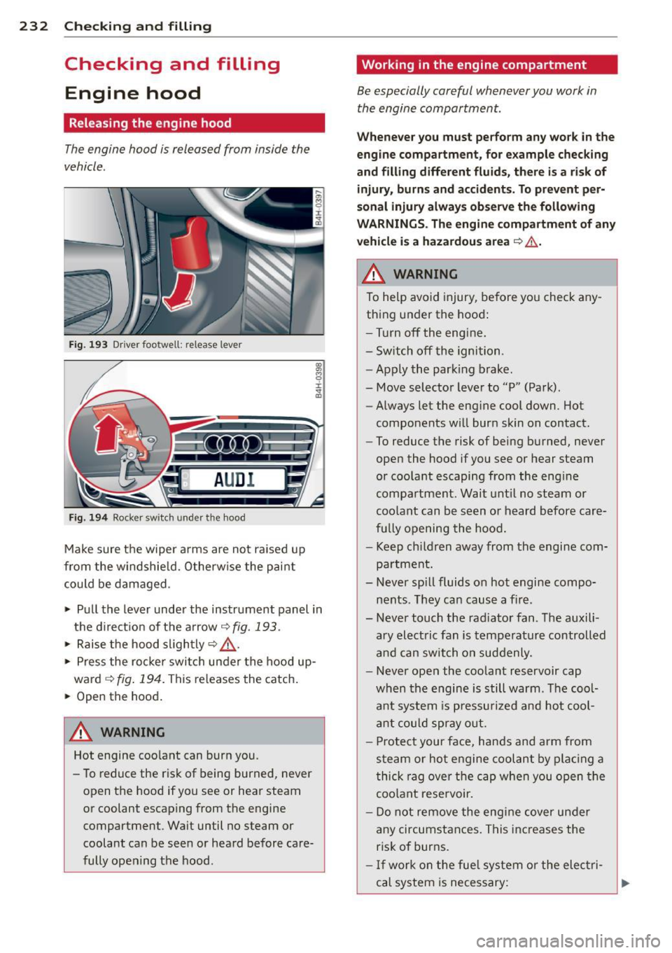 AUDI A8 2013 User Guide 232 Checking and filling
Checking and filling Engine hood
Releasing the engine hood
The engine hood is released from inside the
vehicle .
Fig. 193 Driver foo twell: release lever
AUDI A8 2013 User Guide 232 Checking and filling
Checking and filling Engine hood
Releasing the engine hood
The engine hood is released from inside the
vehicle .
Fig. 193 Driver foo twell: release lever