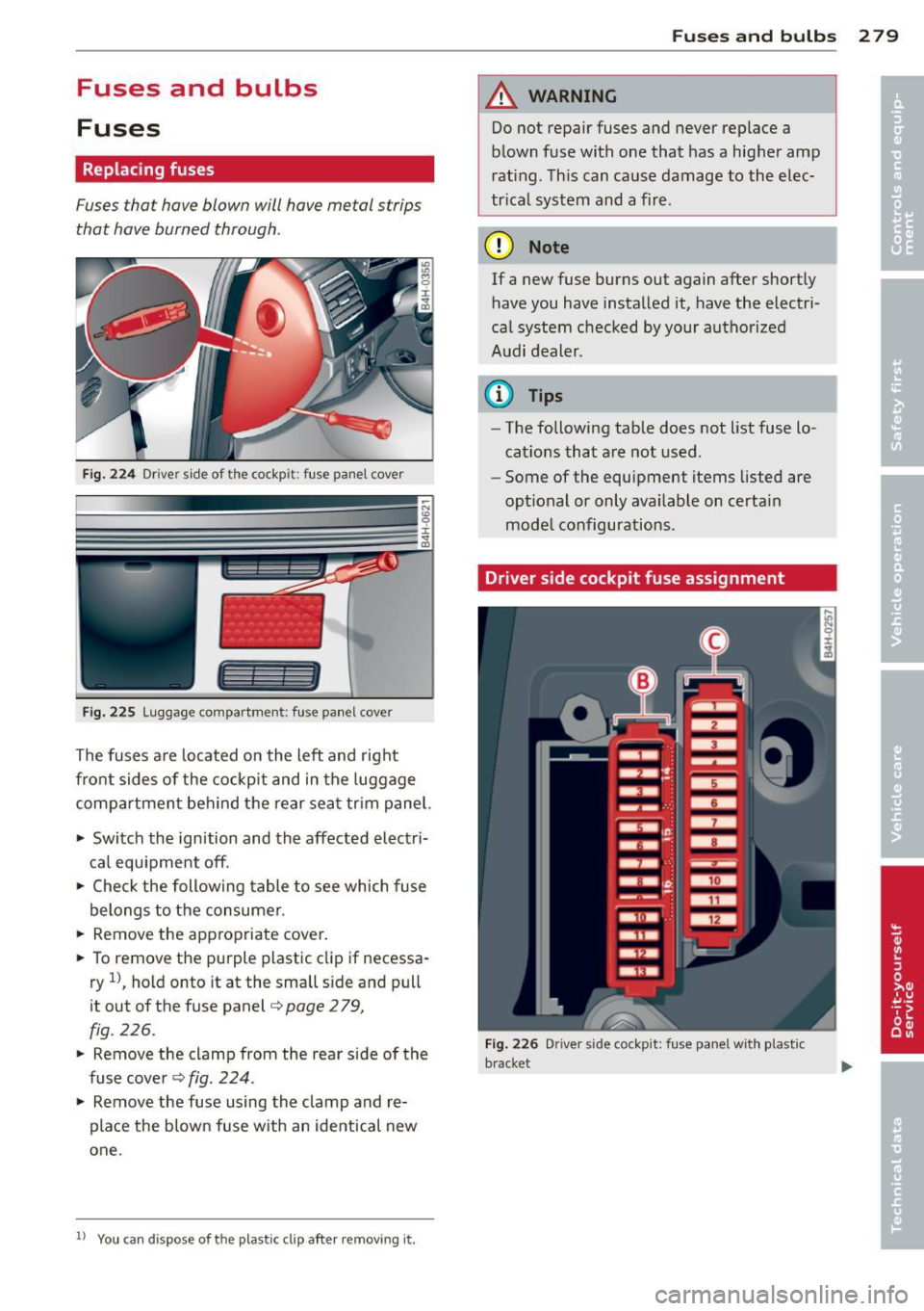 AUDI A8 2013 Owners Manual Fuses and bulbs
Fuses
Replacing fuses
Fuses that have blown will have metal strips
that have burned through.
Fig . 22 4 Driver side of the cockp it: fuse panel cove r
~~
-----~ ~~ AUDI A8 2013 Owners Manual Fuses and bulbs
Fuses
Replacing fuses
Fuses that have blown will have metal strips
that have burned through.
Fig . 22 4 Driver side of the cockp it: fuse panel cove r
~~
-----~ ~~