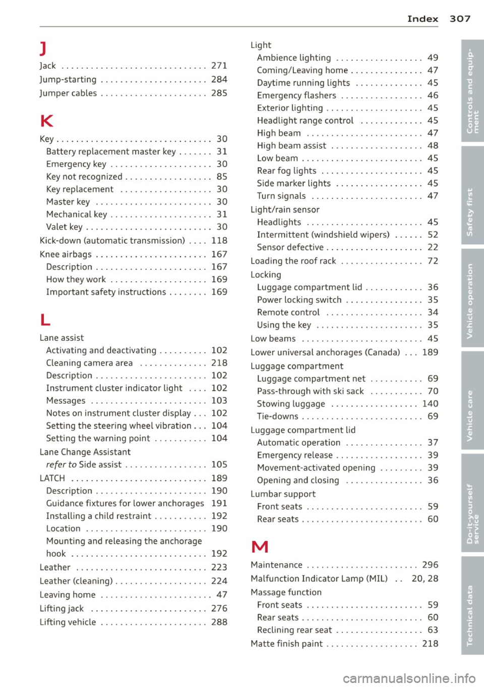 AUDI A8 2013 User Guide l
Jack . ..... .. .. ..... ..... ... .. .. ... 271
J ump-starting ..... ..... ... .. .. .. .. . 284
Jumper cables ............. .... .. .. . 285
K
Key ... .. .. .. .. .. .. .. .... ... .. AUDI A8 2013 User Guide l
Jack . ..... .. .. ..... ..... ... .. .. ... 271
J ump-starting ..... ..... ... .. .. .. .. . 284
Jumper cables ............. .... .. .. . 285
K
Key ... .. .. .. .. .. .. .. .... ... ..