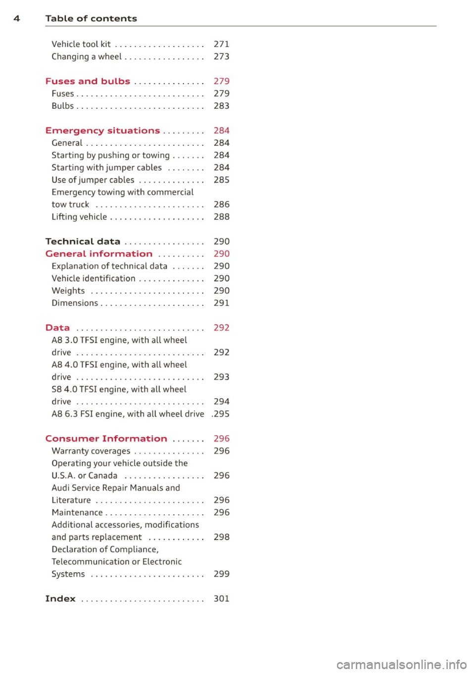 AUDI A8 2013 Owners Manual 4 Table of contents
Vehicle tool kit . .. ..... ... .. .. ... .
C hanging a whe el . ..... ... .. .. ... .
Fuses and bulbs ....... .. .. ... .
Fuses . ...... .. .. ..... ... .. .. ... AUDI A8 2013 Owners Manual 4 Table of contents
Vehicle tool kit . .. ..... ... .. .. ... .
C hanging a whe el . ..... ... .. .. ... .
Fuses and bulbs ....... .. .. ... .
Fuses . ...... .. .. ..... ... .. .. ...