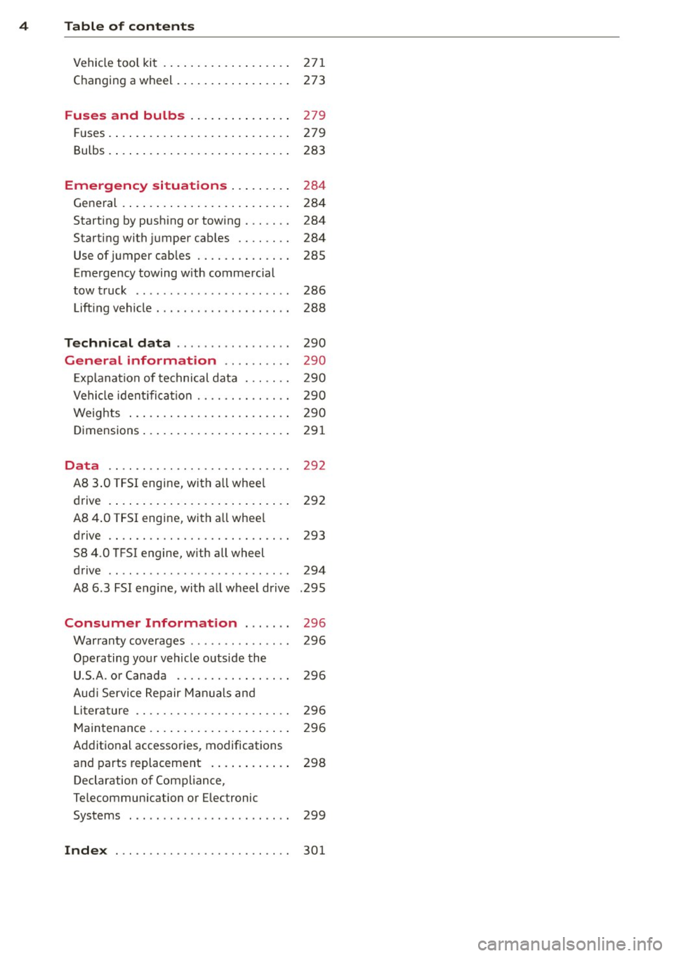 AUDI A8 2013  Owners Manual 4  Table  of  contents 
Vehicle tool kit  . .. ..... ... .. .. ...  . 
C hanging  a whe el  . ..... ... .. .. ...  . 
Fuses  and  bulbs  ....... .. .. ...  . 
Fuses . ...... .. .. ..... ... .. .. ... 