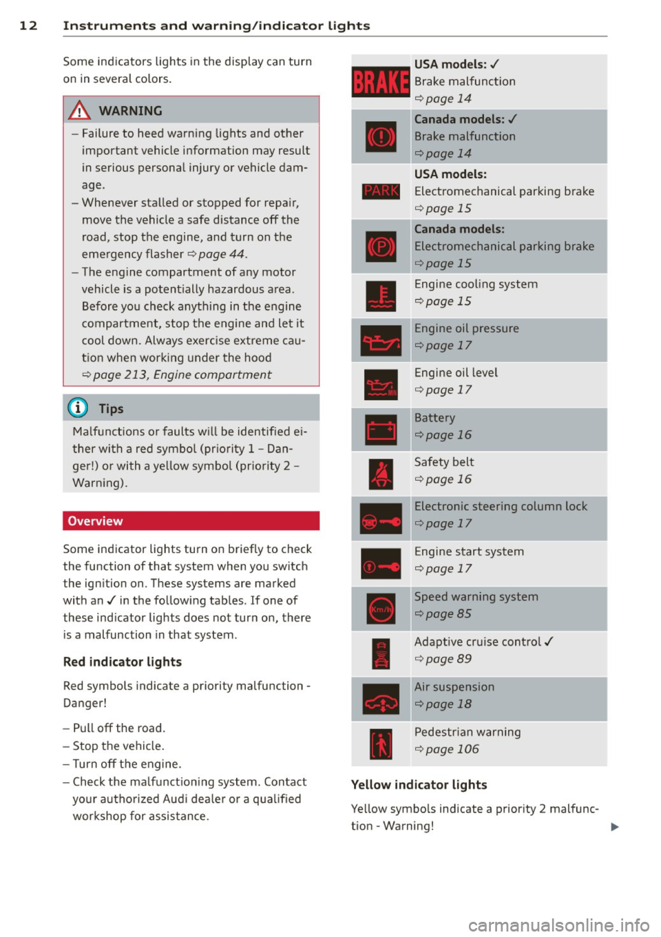 AUDI A8 2012  Owners Manual 12  Instrum ent s and  w arn ing /indic ato r  light s 
Some indicators  lights  in the  disp lay can turn 
on  in several  colors. 
A WARNING 
-Failure to  heed  warning  lights  and  other 
importan