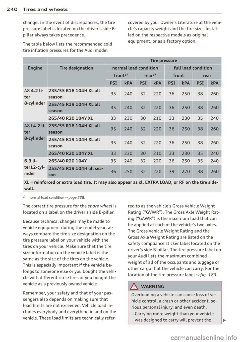 AUDI A8 2012 Manual PDF 240 Tires and wheels
change. In the event of discrepancies, the tire
pressure labe l is located on the drivers side B
p ill ar a lways takes precedence.
The table below lis ts t AUDI A8 2012 Manual PDF 240 Tires and wheels
change. In the event of discrepancies, the tire
pressure labe l is located on the drivers side B
p ill ar a lways takes precedence.
The table below lis ts t