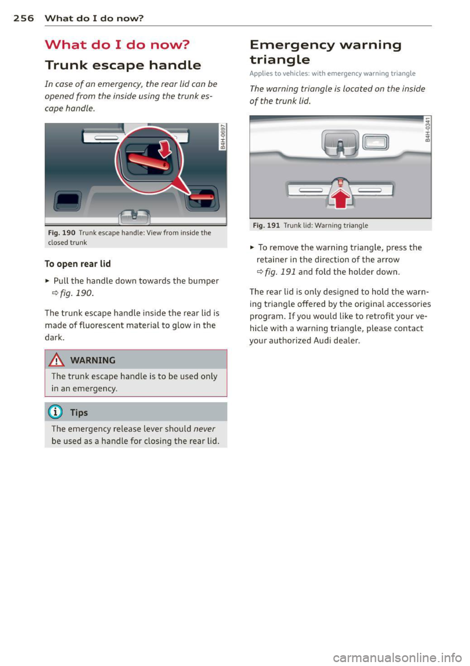 AUDI A8 2012 Owners Manual 256 What do I do now?
What do I do now?
Trunk escape handle
In case of an emergency, the rear lid can be
opened from the inside using the trunk es
cape handle.
Fig. 190 AUDI A8 2012 Owners Manual 256 What do I do now?
What do I do now?
Trunk escape handle
In case of an emergency, the rear lid can be
opened from the inside using the trunk es
cape handle.
Fig. 190
