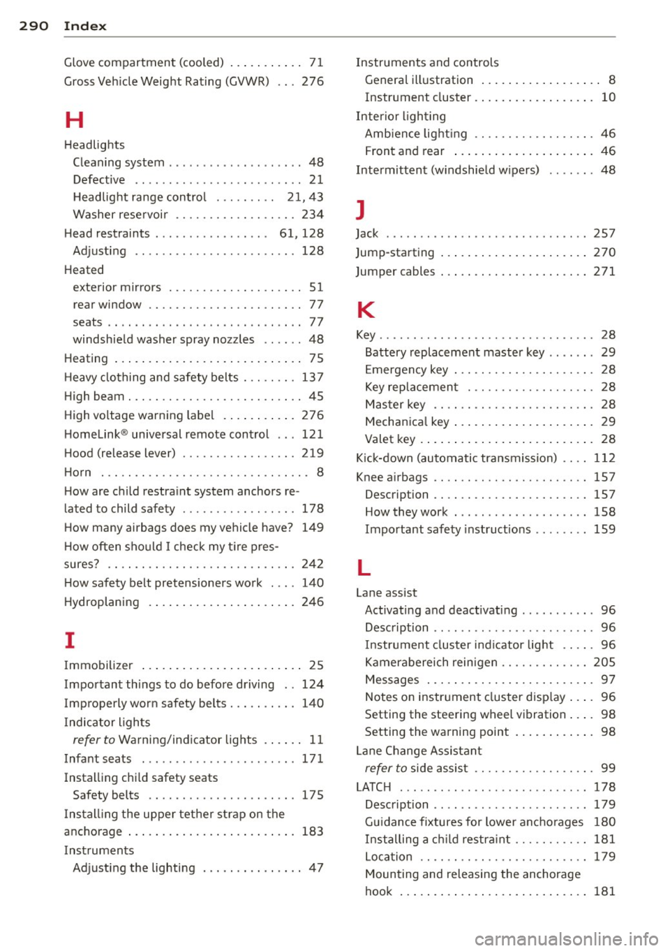 AUDI A8 2012  Owners Manual 29 0  Index 
Glove compartment  (cooled)  ... .. .... . .  71 
Gross Veh icle Weight  Rating  (GVWR)  ... 276 
H 
Headlights 
Clean ing  system  ....... ..... .. .. .. ..  48 
Defective  . .  . . . . 