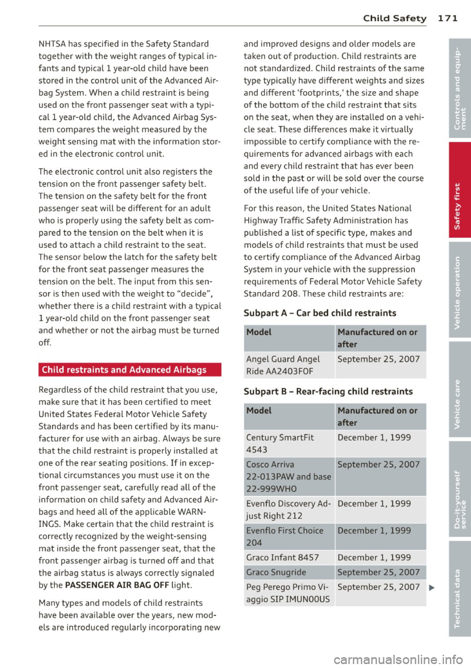 AUDI A8 2011 Owners Guide NHTSA has specified in the Safety Standard
together with the weight ranges of typical in
fants and typical 1 year-o ld child have been
stored in the control unit of the Adva AUDI A8 2011 Owners Guide NHTSA has specified in the Safety Standard
together with the weight ranges of typical in
fants and typical 1 year-o ld child have been
stored in the control unit of the Adva