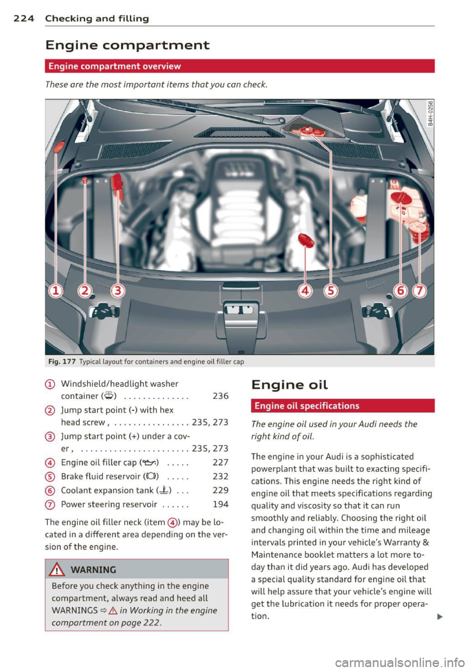 AUDI A8 2011  Owners Manual 224  Checking  and  filling 
Engine  compartment 
Engine compartment  overview 
These are the  most  important  items  that you  can check. 
Fig . 177  Typ ical  layout  for  conta iners  a nd eng ine