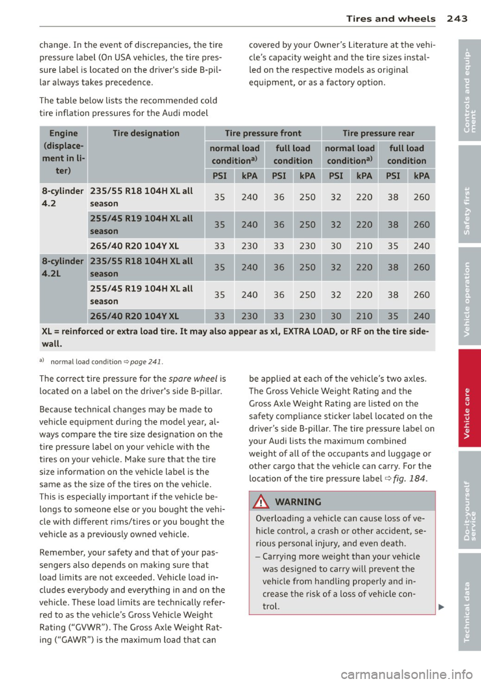 AUDI A8 2011 Owners Manual Tires and wheels 243
change. In the event of discrepancies, the tire
pressure label (On USA vehicles, the tire pres
sure label is located on the dr ivers side B -pil
lar a AUDI A8 2011 Owners Manual Tires and wheels 243
change. In the event of discrepancies, the tire
pressure label (On USA vehicles, the tire pres
sure label is located on the dr ivers side B -pil
lar a