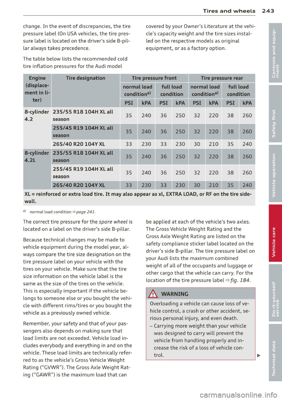 AUDI S8 2011  Owners Manual Tires  and  wheels  243 
change. In the  event  of  discrepancies,  the  tire 
pressure  label  (On  USA vehicles,  the  tire  pres­
sure label  is  located  on  the  dr ivers  side  B -pil­
lar  a