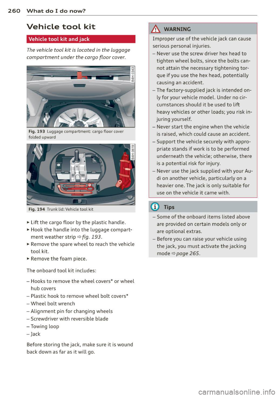 AUDI S8 2011 Owners Manual 260 What do I do now ?
Vehicle tool kit
Vehicle tool kit and jack
The vehicle tool kit is located in the luggage
compartment under the cargo floor cover .
Fig. 193 Luggage com AUDI S8 2011 Owners Manual 260 What do I do now ?
Vehicle tool kit
Vehicle tool kit and jack
The vehicle tool kit is located in the luggage
compartment under the cargo floor cover .
Fig. 193 Luggage com