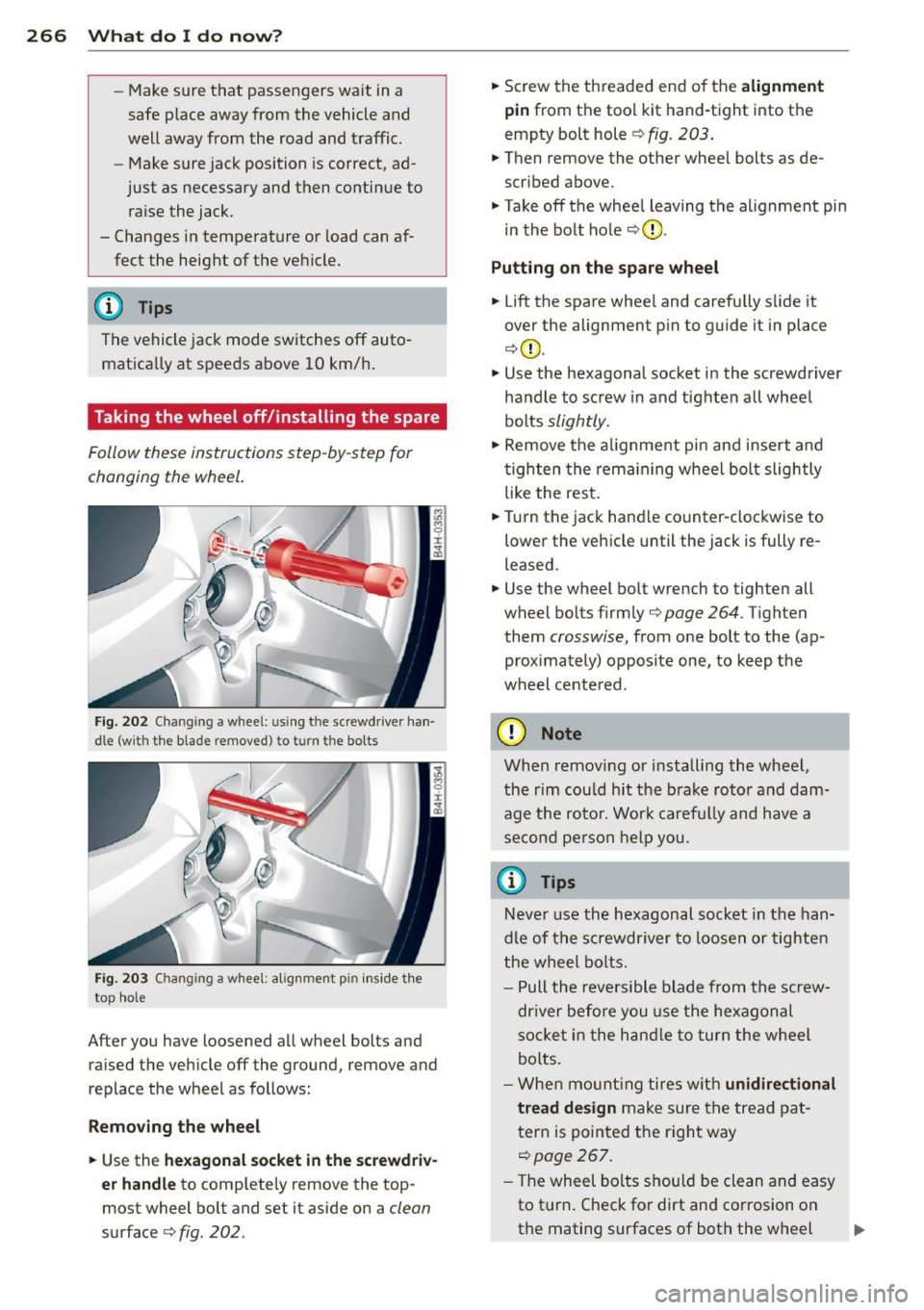 AUDI S8 2011  Owners Manual 266  What  do I do  now ? 
-Make sure  that  passengers  wait  in a 
safe  p lace  away from  the  vehicle  and 
well  away from  the  road  and  traffic. 
- Make sure jack  position  is  correct,  ad