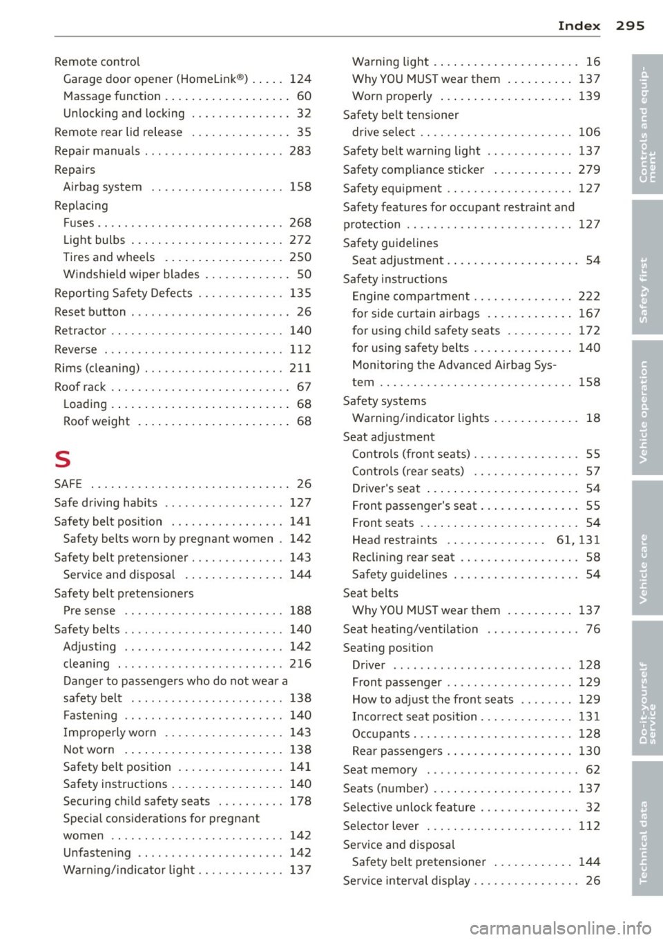 AUDI S8 2011 Owners Manual Remote control Garag e door open er (Homelink ®) .. .. . 124
Massage funct ion . . . . . . . . . . . . . . . . . . . 60
Unlock ing and locking ........... .. .. 32
Remote rear li AUDI S8 2011 Owners Manual Remote control Garag e door open er (Homelink ®) .. .. . 124
Massage funct ion . . . . . . . . . . . . . . . . . . . 60
Unlock ing and locking ........... .. .. 32
Remote rear li