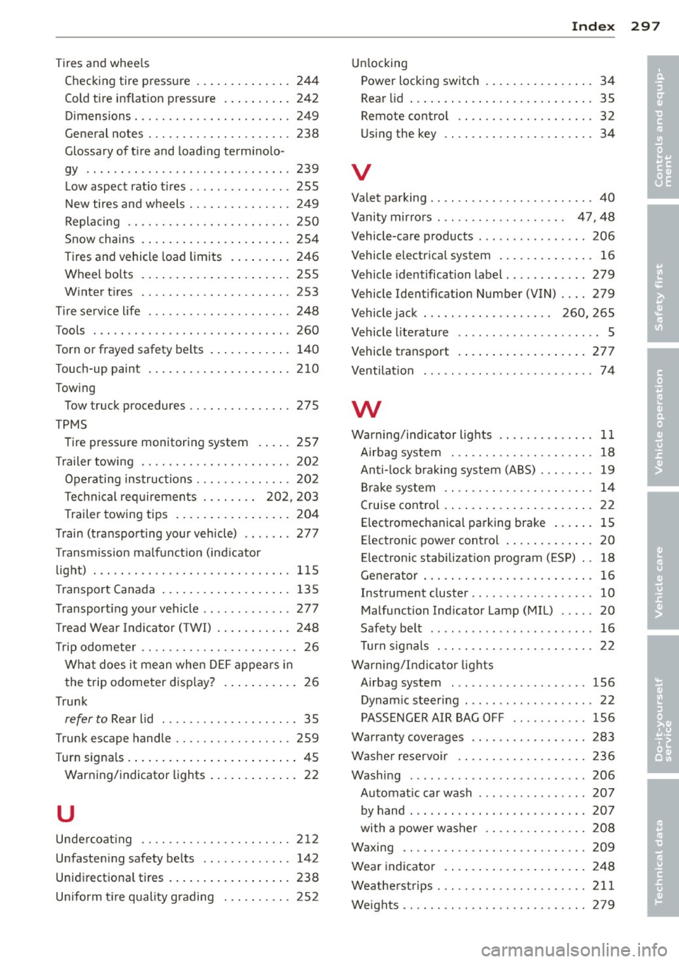 AUDI A8 2011 Owners Manual Index 297
Tires and whee ls
Unlocking
Checking tire pressure .. ... .. .. .. .. . 244 Power locking switch .
... .... ... .. .. . 34
•
Cold tire inflat ion pressure ... .. .. .. . 24 AUDI A8 2011 Owners Manual Index 297
Tires and whee ls
Unlocking
Checking tire pressure .. ... .. .. .. .. . 244 Power locking switch .
... .... ... .. .. . 34
•
Cold tire inflat ion pressure ... .. .. .. . 24
