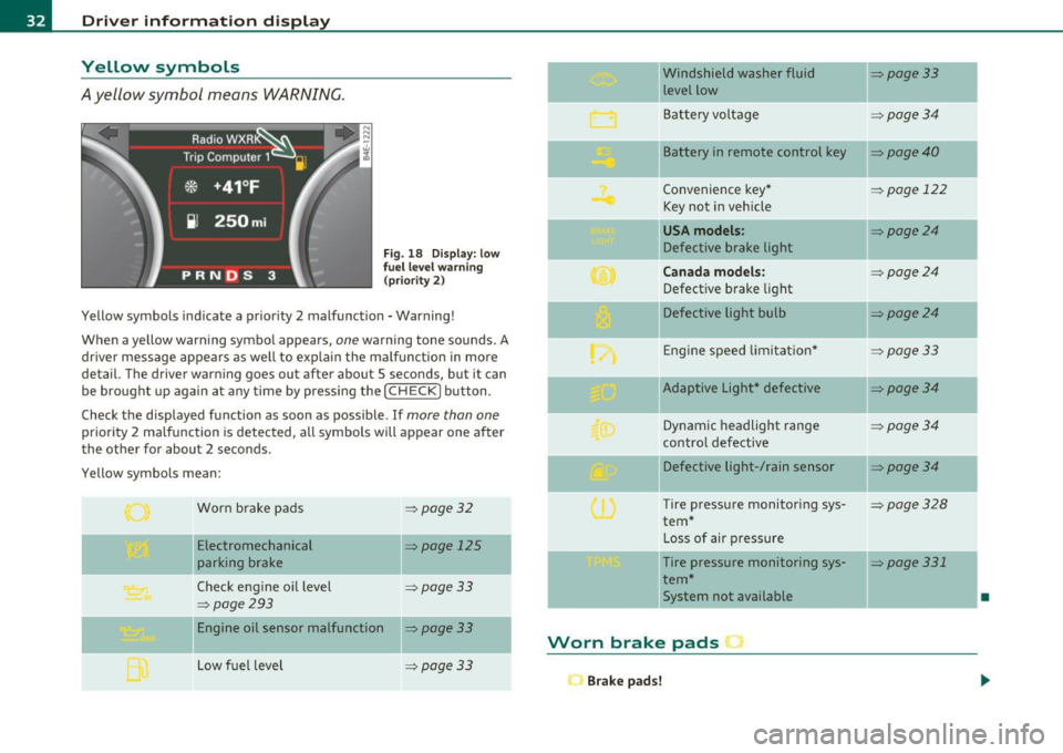 AUDI S8 2010 Owners Guide Driver  information  displ ay 
Yellow  symbols 
A yellow  symbol  means  WARNING. 
Fig . 18  Display:  low 
f ue l  level  warn ing 
(priority 2) 
Yellow  symbols  ind icate  a  prior ity  2  malfunct