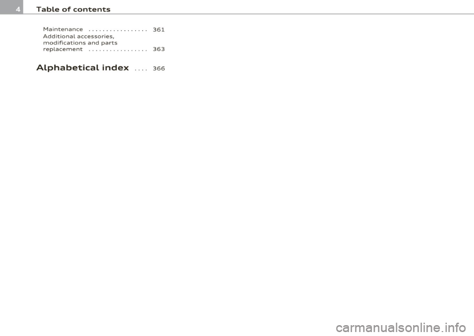 AUDI S8 2010 Owners Manual Table of contents
Maintenance . . . . . . . . . . . . . . . . . 361
Add itional accessories,
mod if ications and par ts
replacement . . . . . . . . . . . . . . . AUDI S8 2010 Owners Manual Table of contents
Maintenance . . . . . . . . . . . . . . . . . 361
Add itional accessories,
mod if ications and par ts
replacement . . . . . . . . . . . . . . .