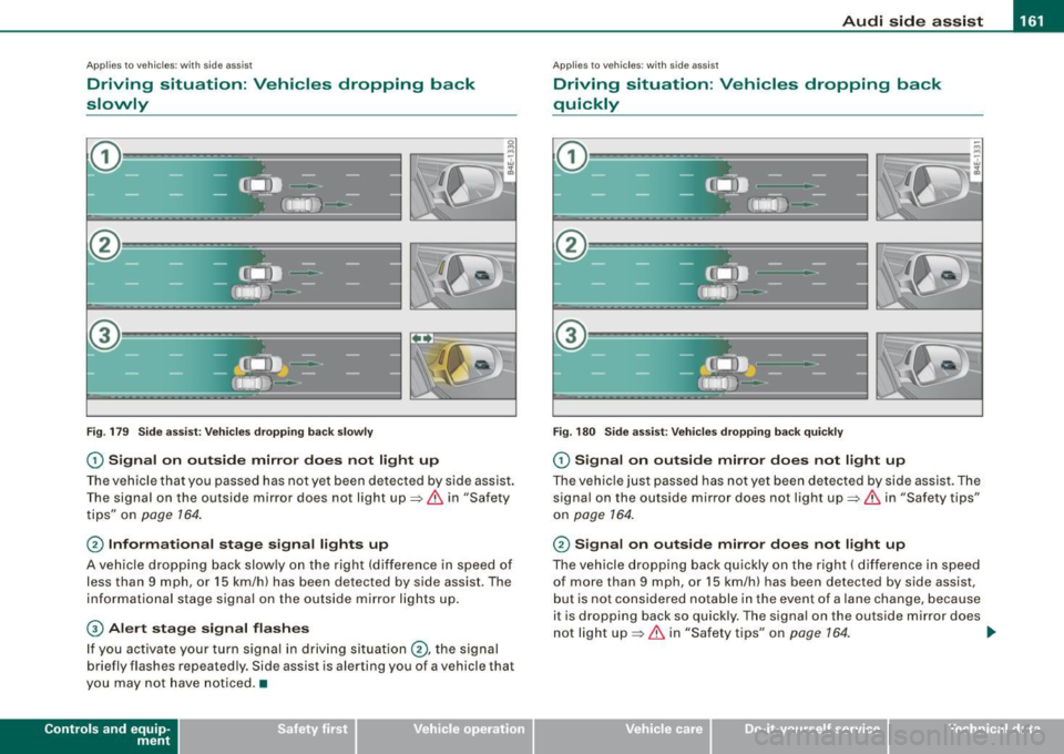 AUDI S8 2009  Owners Manual ___________________________________________________ A_u_ d_i_ s_ id_e_ a_ s_s _i_s _t  _  __._ 
Ap plies  to vehicle s: with  side  assist 
Driving  situation : Vehicles  dropping  back 
slowly 
Fig. 