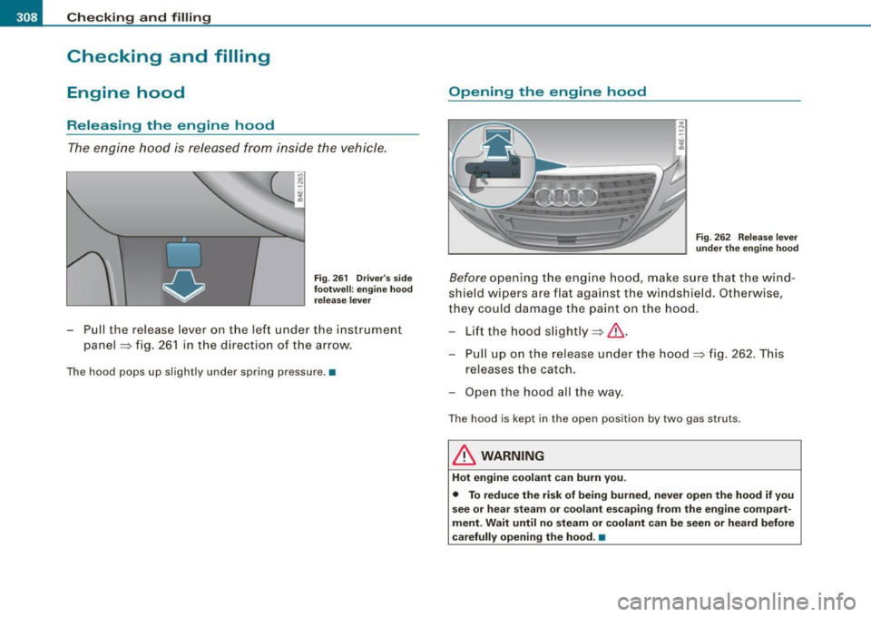 AUDI S8 2009 Owners Manual lffl __ C _h_ e_ c_k _in --== g-- a_n _d_ f_il _li _n ..:::g:::..- ___________________________________________ _
Checking and filling
Engine hood
Releasing the engine hood
The engine hood AUDI S8 2009 Owners Manual lffl __ C _h_ e_ c_k _in --== g-- a_n _d_ f_il _li _n ..:::g:::..- ___________________________________________ _
Checking and filling
Engine hood
Releasing the engine hood
The engine hood