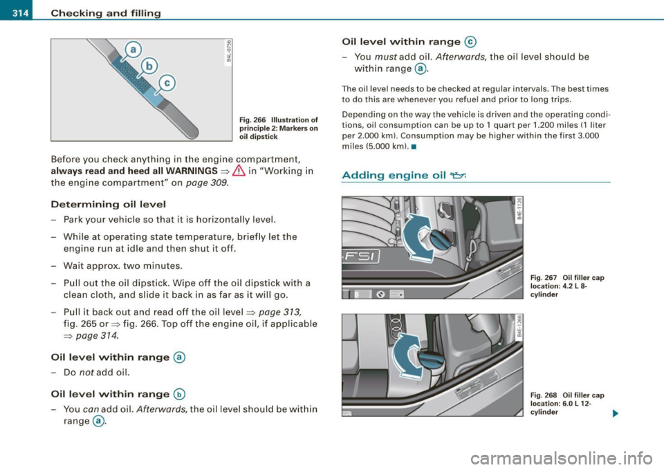 AUDI S8 2009 Owners Manual llffl __ C _h_ e_ c_k _in --== g-- a_n _d_ f_il _li _n ..:::g:::..- ___________________________________________ _
Fig . 266 Illustr atio n of
p rin ci pl e 2: Marke rs o n
oi l d ips tick
Bef AUDI S8 2009 Owners Manual llffl __ C _h_ e_ c_k _in --== g-- a_n _d_ f_il _li _n ..:::g:::..- ___________________________________________ _
Fig . 266 Illustr atio n of
p rin ci pl e 2: Marke rs o n
oi l d ips tick
Bef
