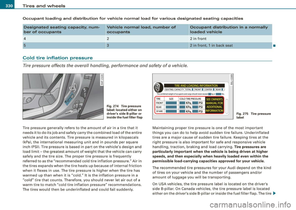 AUDI S8 2009  Owners Manual ___ T_ i_ r_e _s_ a_ n_ d_ w_ h_ e_ e _ ls _________________________________________________  _ 
Occupant  loading  and  distribution  for  vehicle  normal  load  for  various  designated  seating  ca