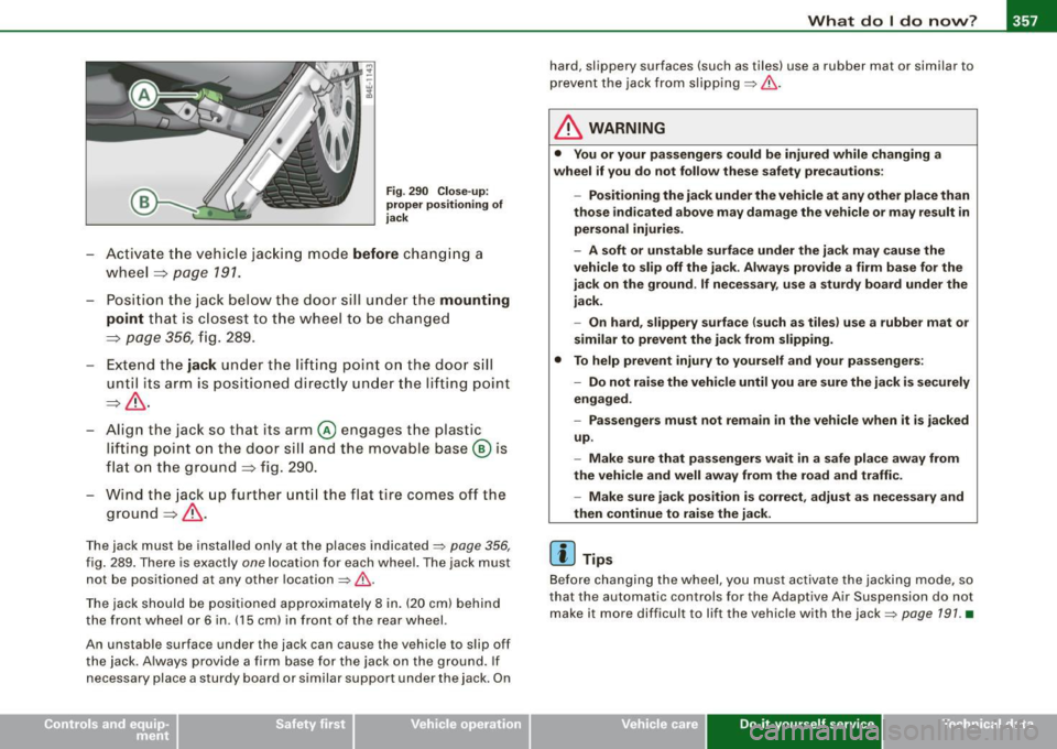AUDI S8 2009 Owners Manual _____________________________________________ W_ h_ a_t _d_ o_l _ d_o _ n_o_ w_ ? _ __._
Fig . 290 Close-up :
proper positioning of
jack
- Act iva te the ve hicle ja cking mode before c ha AUDI S8 2009 Owners Manual _____________________________________________ W_ h_ a_t _d_ o_l _ d_o _ n_o_ w_ ? _ __._
Fig . 290 Close-up :
proper positioning of
jack
- Act iva te the ve hicle ja cking mode before c ha