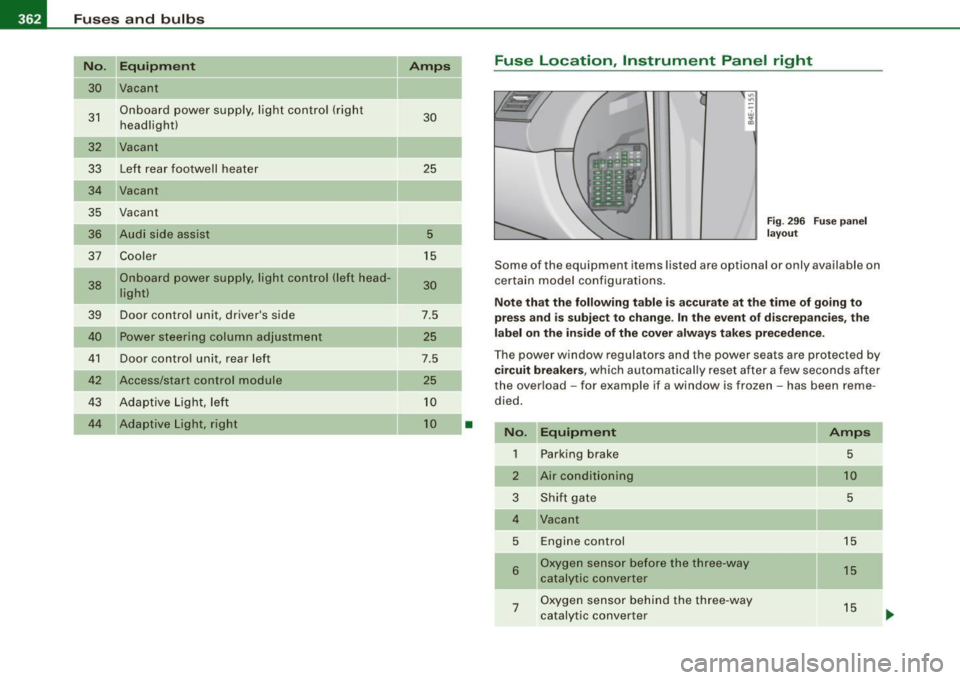 AUDI S8 2009 Owners Manual 11111...__F_ u_ s_ e_s _ a_n _ d_ b_ u_lb _ s _______________________________________________ _
No. Equipm ent
30 Vacant
31 On board power supply, light control (right
headlight)
32 Vacan AUDI S8 2009 Owners Manual 11111...__F_ u_ s_ e_s _ a_n _ d_ b_ u_lb _ s _______________________________________________ _
No. Equipm ent
30 Vacant
31 On board power supply, light control (right
headlight)
32 Vacan