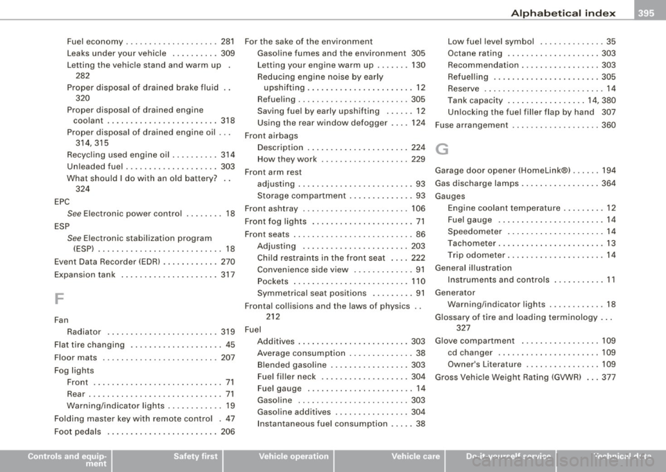 AUDI S8 2009 Owners Manual ______________________________________________ A_ l_,_ p _h_ a_ b_e _t_i c_ a _ l _in _ d_e _ x __ _
Fuel economy ...... .... .... .... .. 281
Leaks under your vehicle ... .. .... . 309
Let AUDI S8 2009 Owners Manual ______________________________________________ A_ l_,_ p _h_ a_ b_e _t_i c_ a _ l _in _ d_e _ x __ _
Fuel economy ...... .... .... .... .. 281
Leaks under your vehicle ... .. .... . 309
Let
