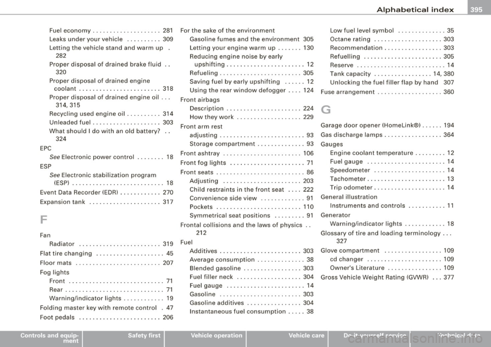 AUDI S8 2009  Owners Manual ______________________________________________ A_ l_,_ p _h_ a_ b_e _t_i c_ a _ l _in _ d_e _ x __  _ 
Fuel  economy  ...... .... .... .... ..  281 
Leaks  under  your  vehicle  ... .. .... . 309 
Let