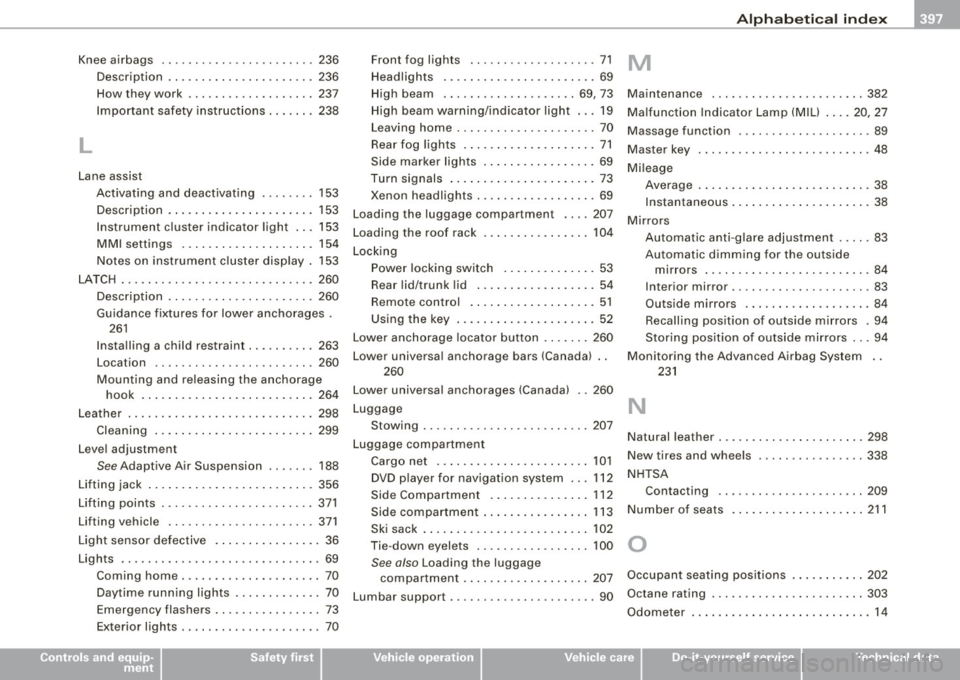 AUDI S8 2009 Workshop Manual ______________________________________________ A_ l_,_ p _h_ a_ b_e _t_i c_ a _ l _in _ d_e _ x __ lll
Knee airbags .. .. .. .... .. ... .. .... .. 236
D escr iption .. ... ... .. .. .. ...... . AUDI S8 2009 Workshop Manual ______________________________________________ A_ l_,_ p _h_ a_ b_e _t_i c_ a _ l _in _ d_e _ x __ lll
Knee airbags .. .. .. .... .. ... .. .... .. 236
D escr iption .. ... ... .. .. .. ...... .
