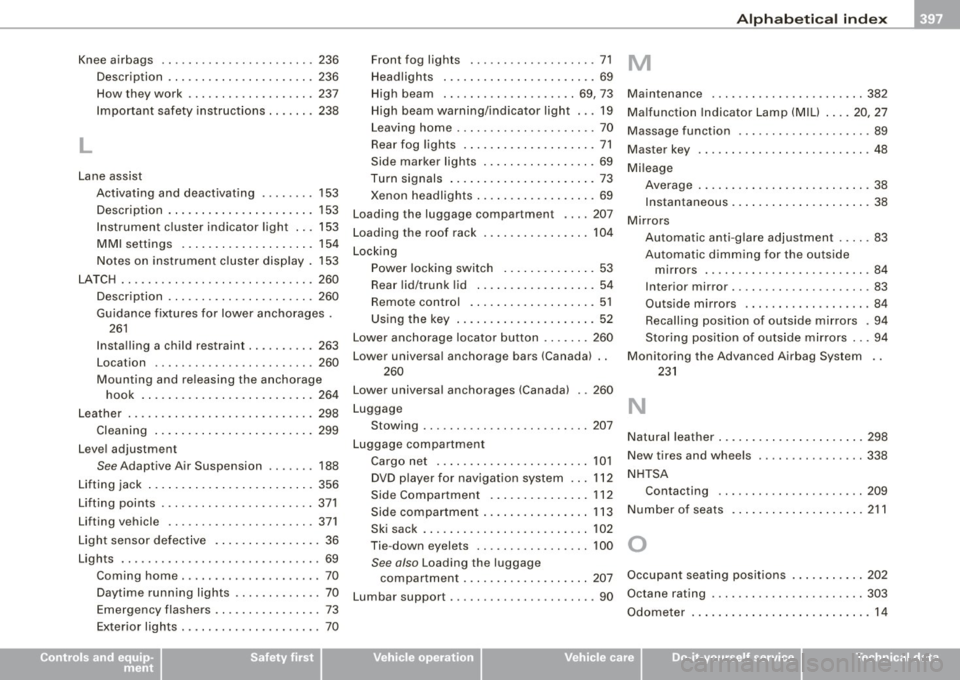 AUDI S8 2009  Owners Manual ______________________________________________ A_ l_,_ p _h_ a_ b_e _t_i c_ a _ l _in _ d_e _ x __ lll 
Knee  airbags  .. .. .. .... .. ... .. .... ..  236 
D escr iption  .. ... ... .. .. .. ...... .