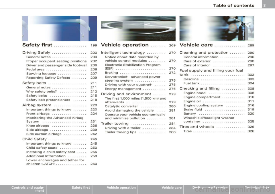 AUDI S8 2009 Owners Manual Safety first ........ ... ... .. .
Driving Safely ................. .
General notes ... .............. .
Proper occupant seating positions
Driver and passenger s ide footwell
Peda l AUDI S8 2009 Owners Manual Safety first ........ ... ... .. .
Driving Safely ................. .
General notes ... .............. .
Proper occupant seating positions
Driver and passenger s ide footwell
Peda l