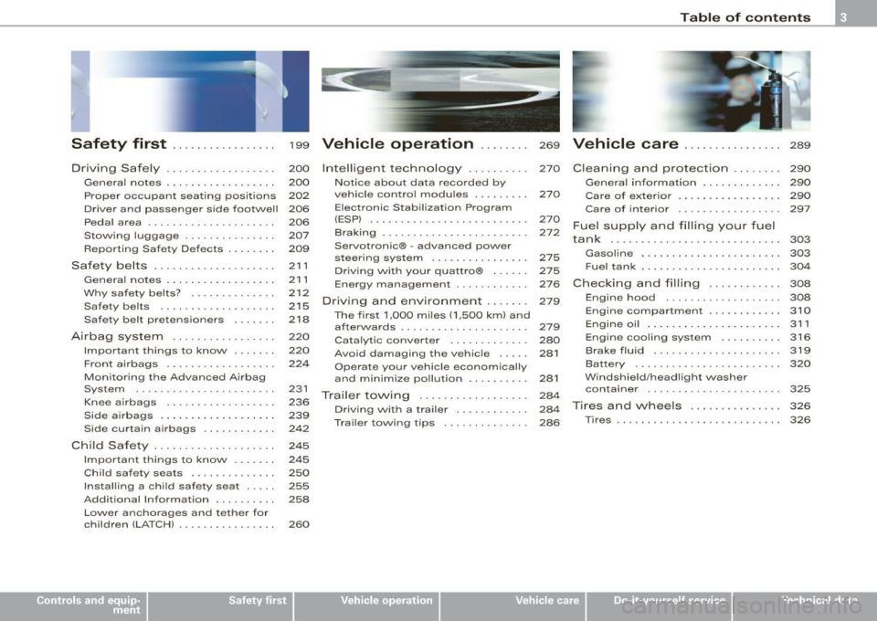 AUDI S8 2009  Owners Manual Safety  first ........ ... ... .. . 
Driving  Safely  .................  . 
General  notes  ... ..............  . 
Proper  occupant  seating  positions 
Driver  and  passenger  s ide  footwell 
Peda l