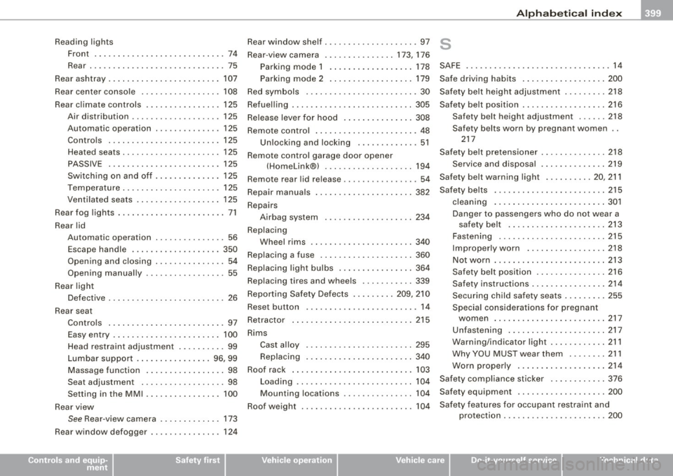 AUDI S8 2009 Owners Manual ______________________________________________ A_ l_,_ p _h_ a_ b_e _t_ic _ a _ l _in _ d_e _ x __ lll
Reading lights
Front ... ... ... .. .... .... ..... .. ..
74
Rear .. ..... ... ... ....... AUDI S8 2009 Owners Manual ______________________________________________ A_ l_,_ p _h_ a_ b_e _t_ic _ a _ l _in _ d_e _ x __ lll
Reading lights
Front ... ... ... .. .... .... ..... .. ..
74
Rear .. ..... ... ... .......