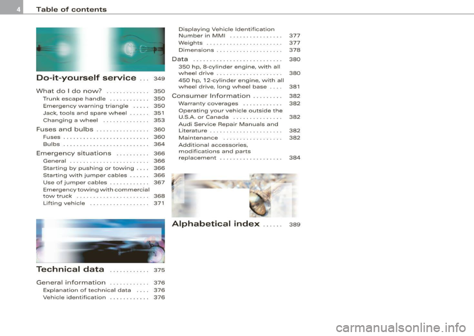 AUDI S8 2009  Owners Manual Table  of  contents 
Do-it-yourself  service ... 349 
What  do  I do  now?  . . . . . .  . . .  . . .  . 350 
Trunk  escape  handle . .  .  .  .  .  . .  .  . .  .  350 
Emergency  warning  triang le 