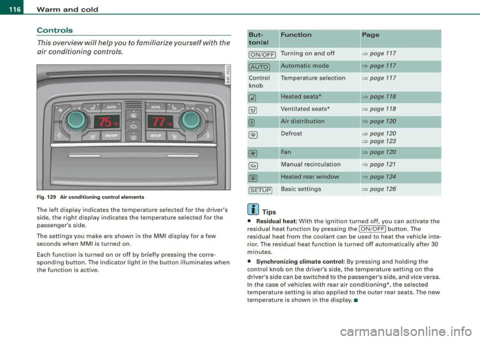 AUDI S8 2008 User Guide ___ w_ a_ rm __  a_ n_ d_ c_ o_ ld __________________________________________________  _ 
Controls 
This overview  will  help  you  to  familiarize  yourself  with  the 
air  conditioning  controls. 
