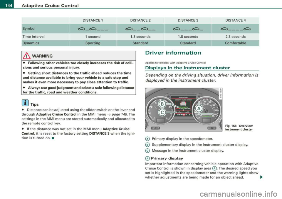 AUDI S8 2008 Workshop Manual ___ A_ d 
_ a__,p_ t_ i_ v _e_ C_ r_ u_ is_e_ C_ o_n _ t_ r_o _l ___________________________________________  _ 
DISTANCE 1 DISTANCE 2  DISTANCE 3  DISTANCE 4 
Symbol 
~-~---~--~--~---~-~----~ 
-
Time