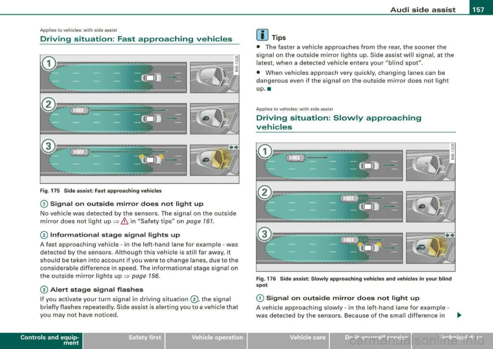 AUDI S8 2008 Owners Manual _________________________________________________ A_ u_ d_ i _s _i_
d _e _ a_s_ s_ i_ s _t _ __._
Ap plies to vehicle s: with side assist
Driving situation: Fast approaching vehicles
Fig. AUDI S8 2008 Owners Manual _________________________________________________ A_ u_ d_ i _s _i_
d _e _ a_s_ s_ i_ s _t _ __._
Ap plies to vehicle s: with side assist
Driving situation: Fast approaching vehicles
Fig.